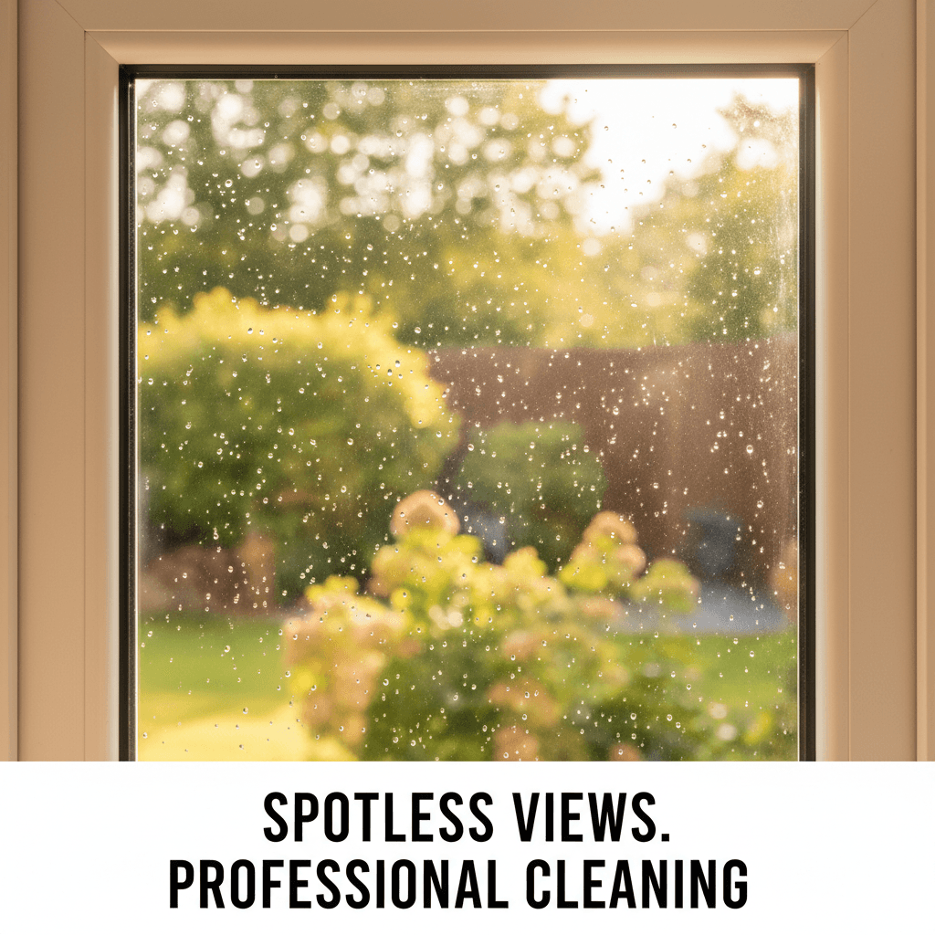 Close-up of a clean uPVC window with raindrops in golden afternoon light.