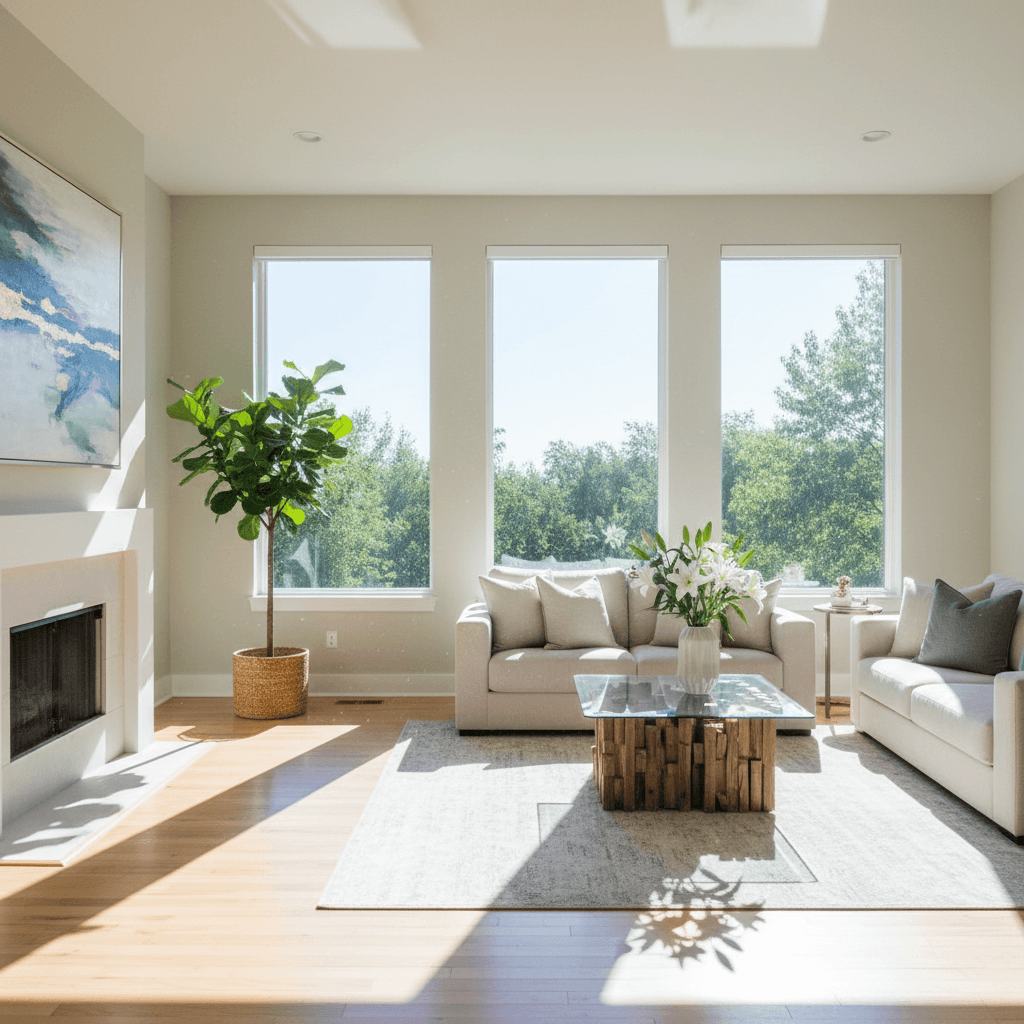 A bright living room with sunlight coming through spotless windows